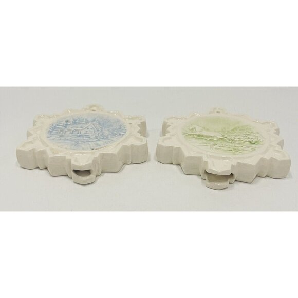 Set of 2 Vintage Snowflake Ornaments Ceramic Winter Scenes 3D Duncan 3.5” White - Picture 5 of 10